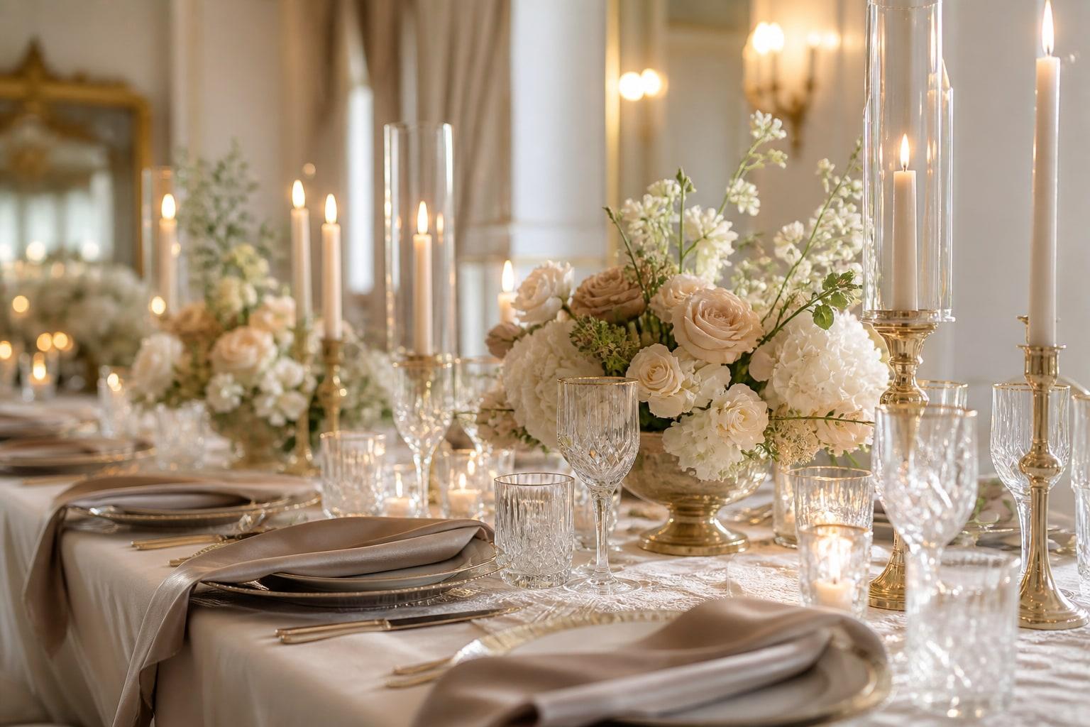 Champagnerfarbene Tischgestaltung mit Blumen